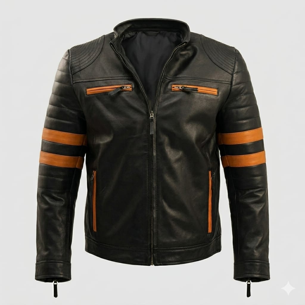 Men's Black & Orange Stripe Biker Premium Original Leather Jacket