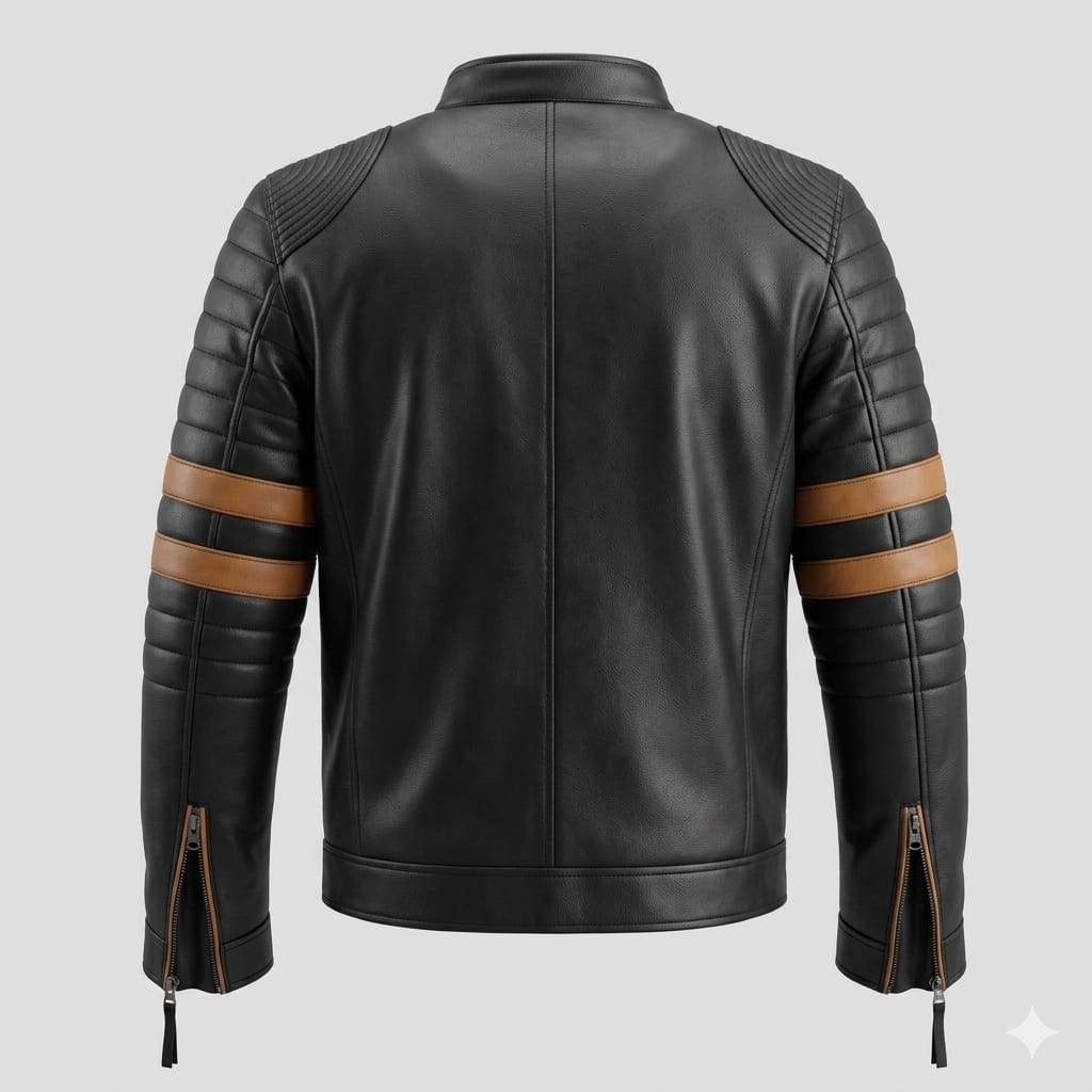 Men's Black & Orange Stripe Biker Premium Original Leather Jacket