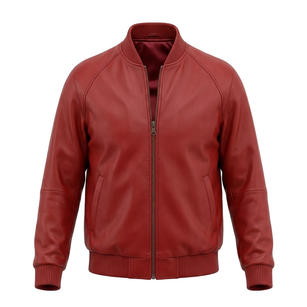 Men's Red Lambskin Premium Original Leather Bomber Jacket with Gold Hardware