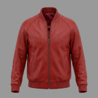 Men's Red Lambskin Premium Original Leather Bomber Jacket with Gold Hardware