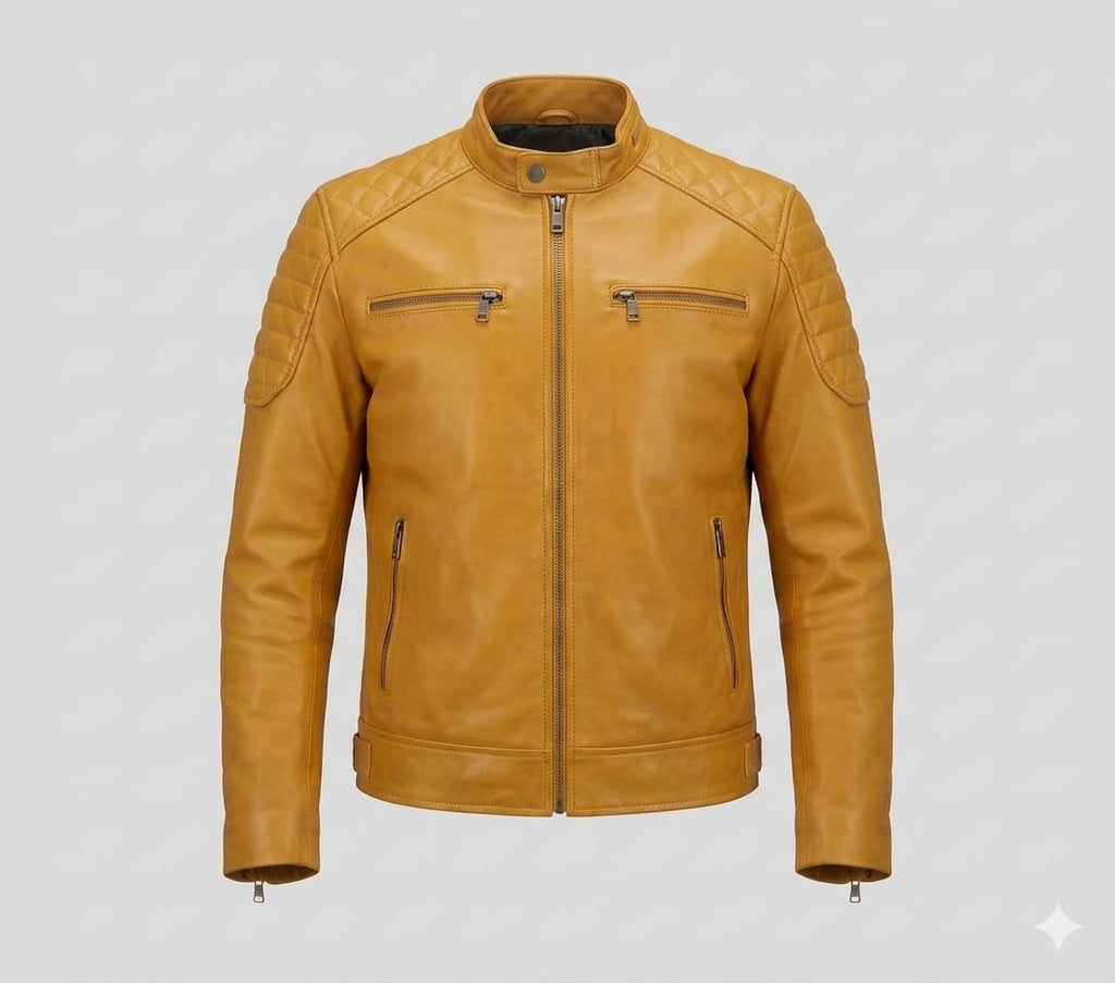 Men's Mustard Yellow Lambskin Premium Original Leather Biker Jacket with Quilted Shoulders