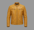 Men's Mustard Yellow Lambskin Premium Original Leather Biker Jacket with Quilted Shoulders
