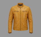 Men's Mustard Yellow Lambskin Premium Original Leather Biker Jacket with Quilted Shoulders