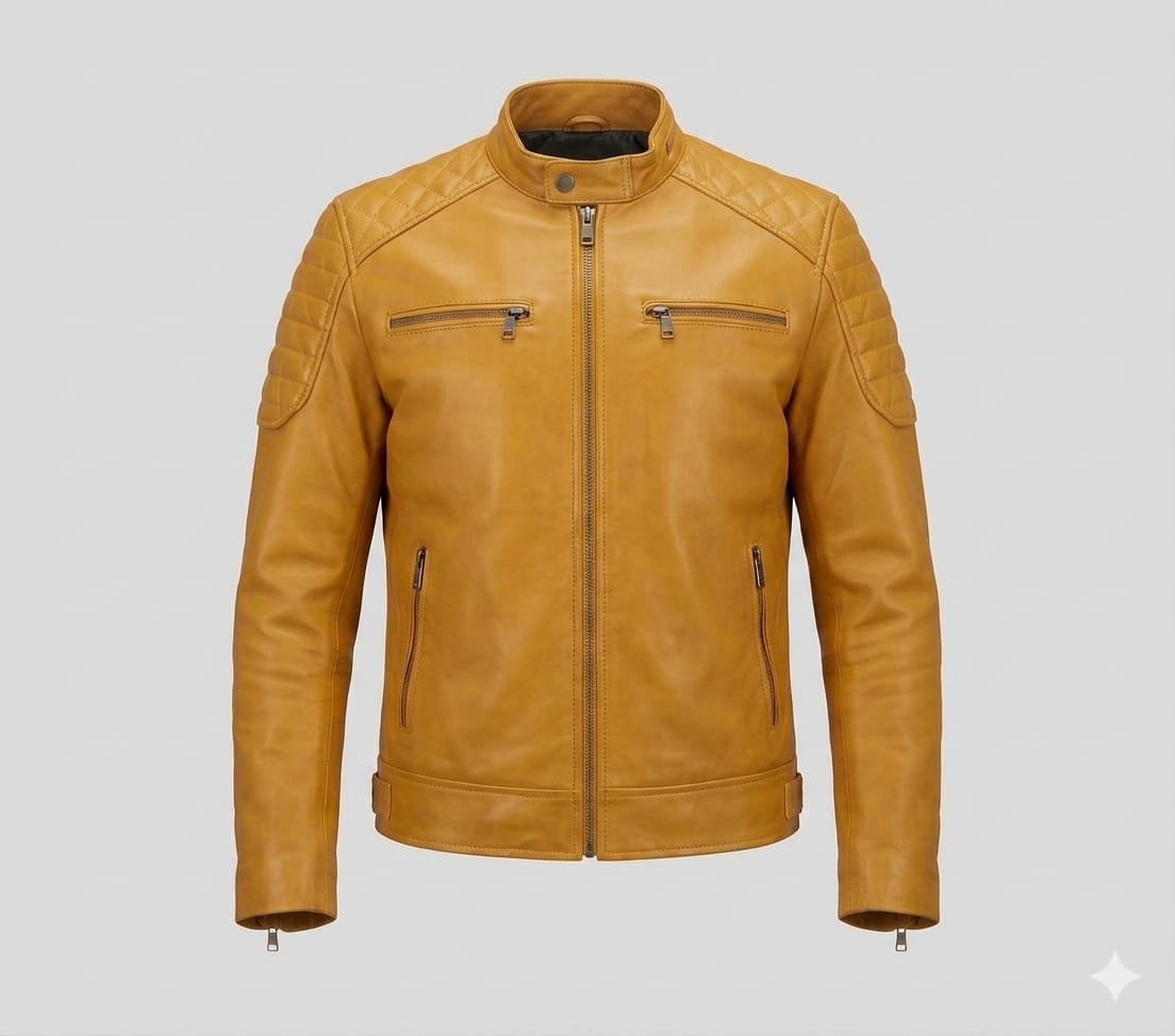 Men's Mustard Yellow Lambskin Premium Original Leather Biker Jacket with Quilted Shoulders