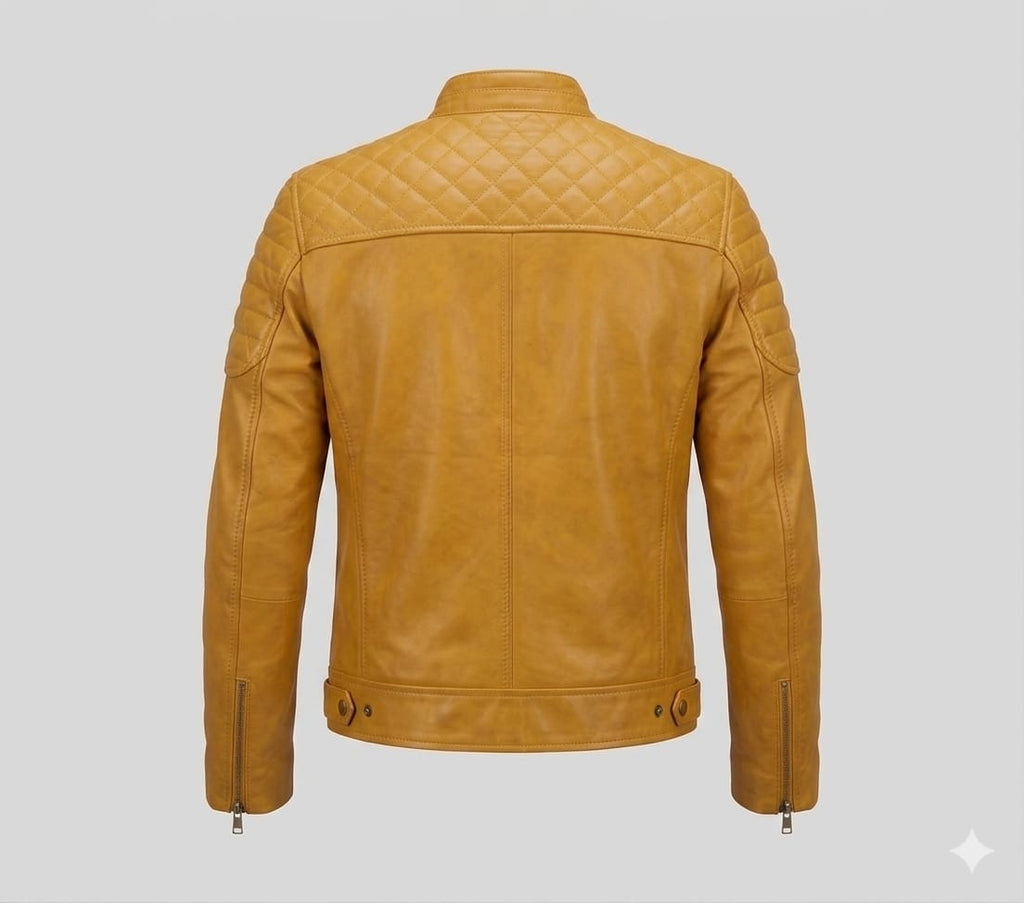 Men's Mustard Yellow Lambskin Premium Original Leather Biker Jacket with Quilted Shoulders