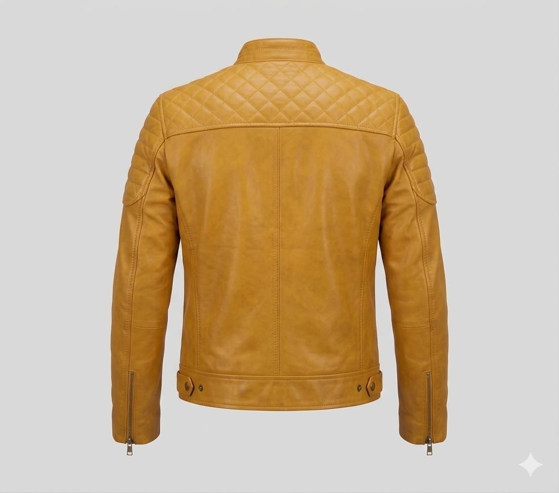 Men's Mustard Yellow Lambskin Premium Original Leather Biker Jacket with Quilted Shoulders