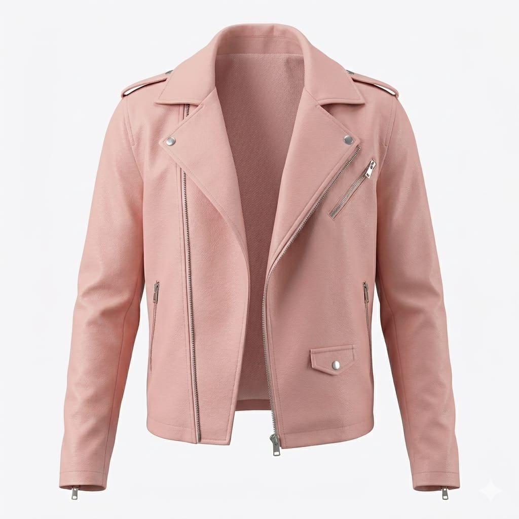 Men's Blush Pink Original Premium Lambskin Leather Asymmetric Biker Jacket with Epaulettes