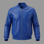 Blue leather jacket on a gray background