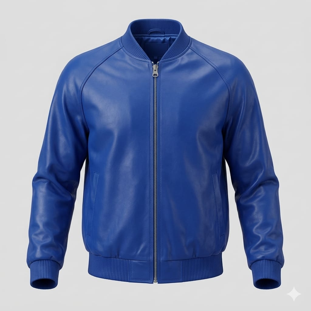 Men's Royal Blue Lambskin Premium Original Leather Bomber Jacket with Ribbed Trim