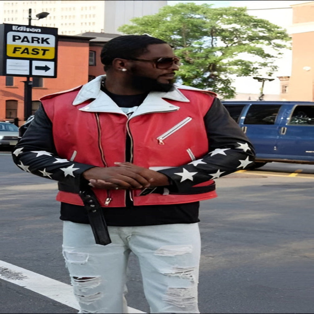 Men's Red White & Black Lambskin Original Premium Leather Star-Sleeve Biker Jacket