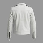 Men's White Lambskin Premium Original Leather Double-Zip Biker Jacket with Snap Buttons