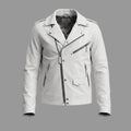Men's White Lambskin Premium Original Leather Double-Zip Biker Jacket with Snap Buttons