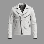 Men's White Lambskin Premium Original Leather Double-Zip Biker Jacket with Snap Buttons