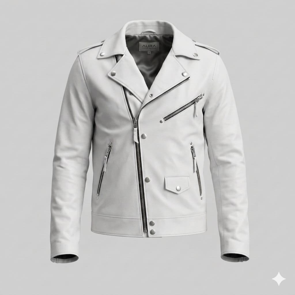 Men's White Lambskin Premium Original Leather Double-Zip Biker Jacket with Snap Buttons