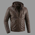Men's Dark Brown Lambskin Original Premium Leather Hooded Biker Jacket with Quilted Panels