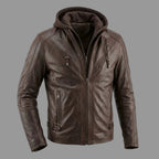 Men's Dark Brown Lambskin Original Premium Leather Hooded Biker Jacket with Quilted Panels