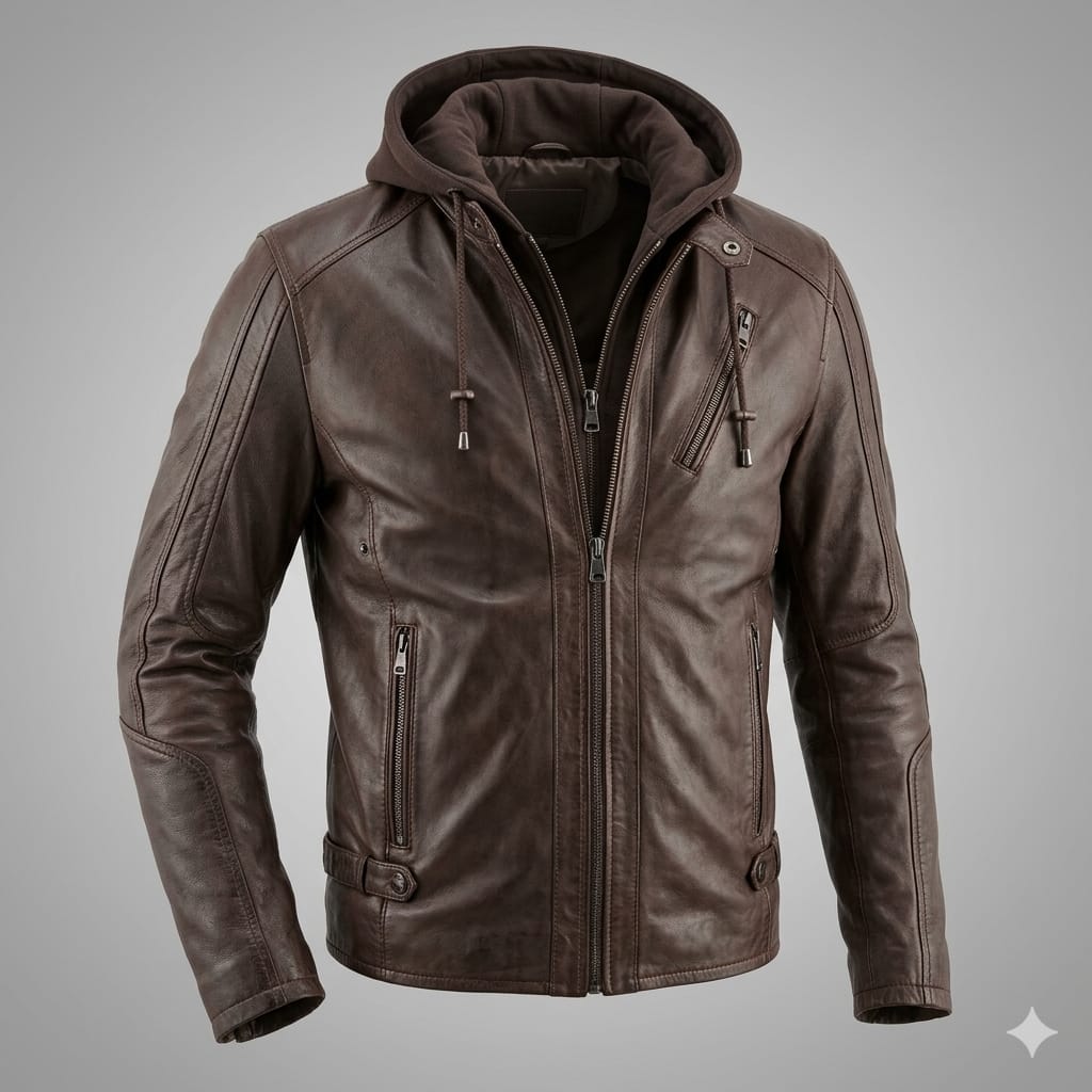 Men's Dark Brown Lambskin Original Premium Leather Hooded Biker Jacket with Quilted Panels