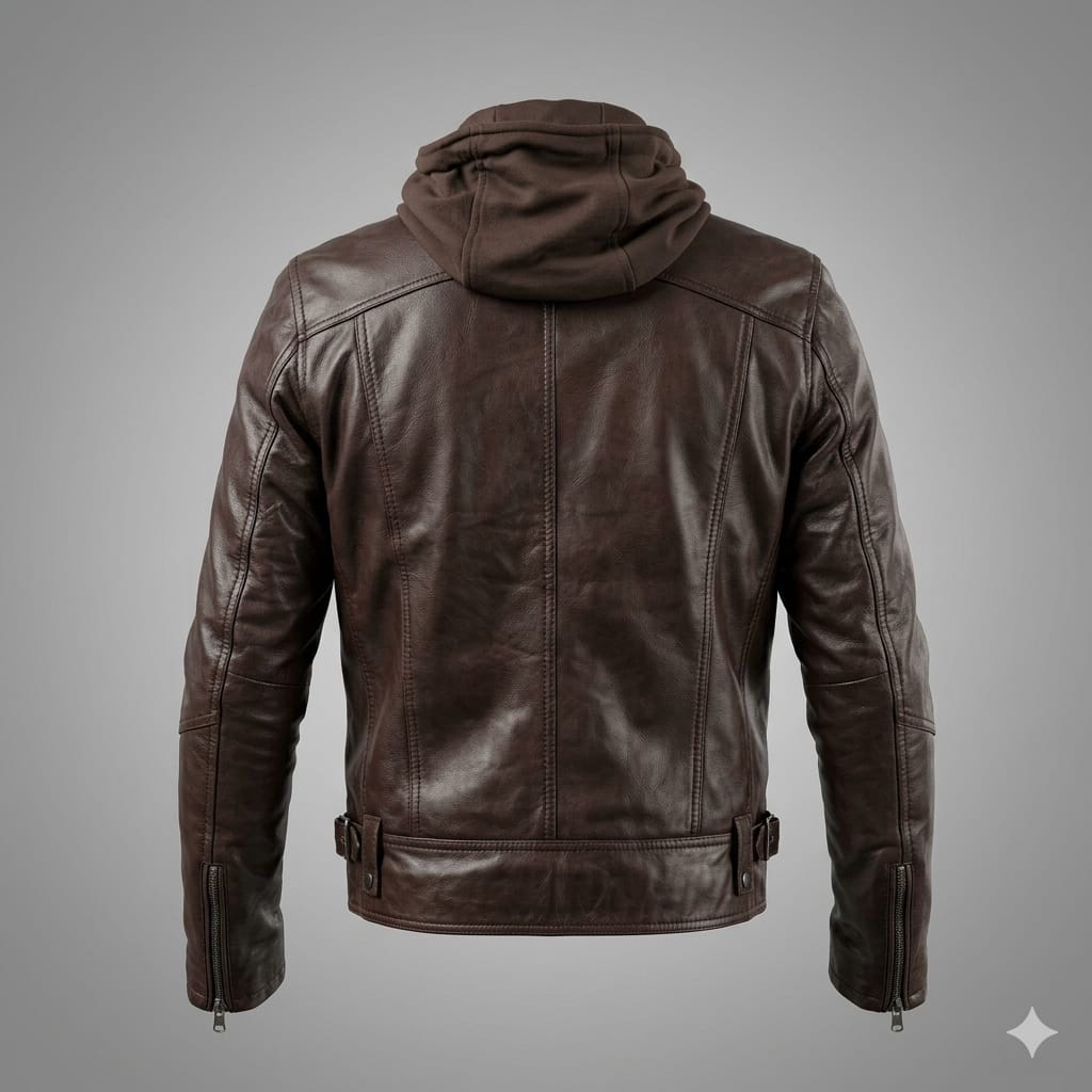 Men's Dark Brown Lambskin Original Premium Leather Hooded Biker Jacket with Quilted Panels