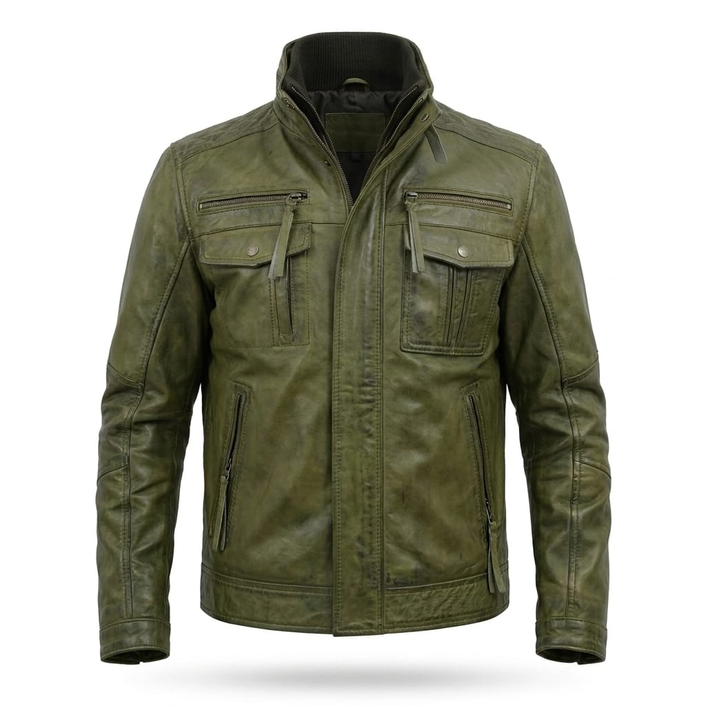 Men's Olive Green Lambskin Premium Original Leather Field Jacket with Multi-Pockets