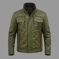 Men's Olive Green Lambskin Premium Original Leather Field Jacket with Multi-Pockets