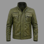 Men's Olive Green Lambskin Premium Original Leather Field Jacket with Multi-Pockets