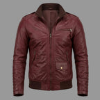 Men's Maroon Lambskin Original Premium Leather Bomber Jacket with Epaulettes