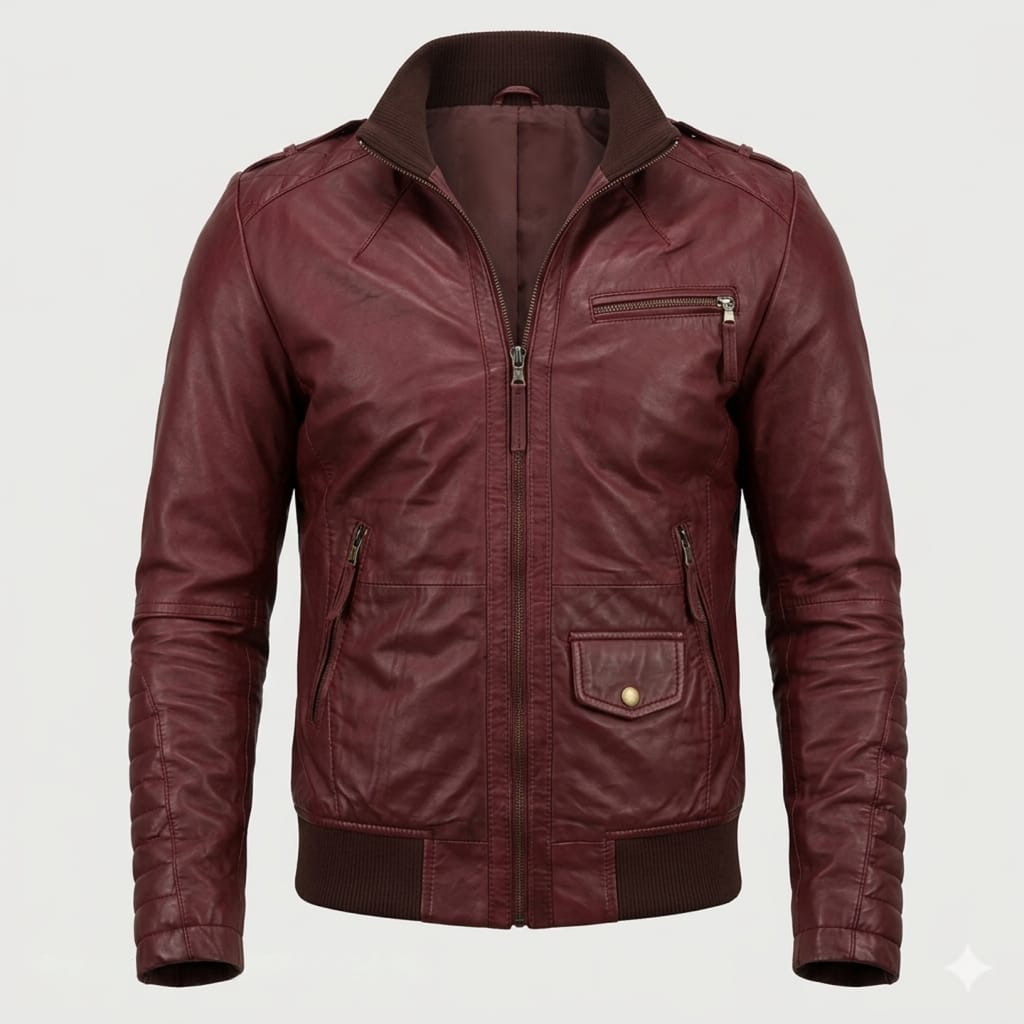Men's Maroon Lambskin Original Premium Leather Bomber Jacket with Epaulettes