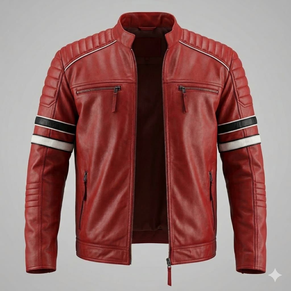 Men's Red Premium Original Lambskin Leather Biker Jacket with Racing Stripes