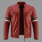 Men's Red Premium Original Lambskin Leather Biker Jacket with Racing Stripes