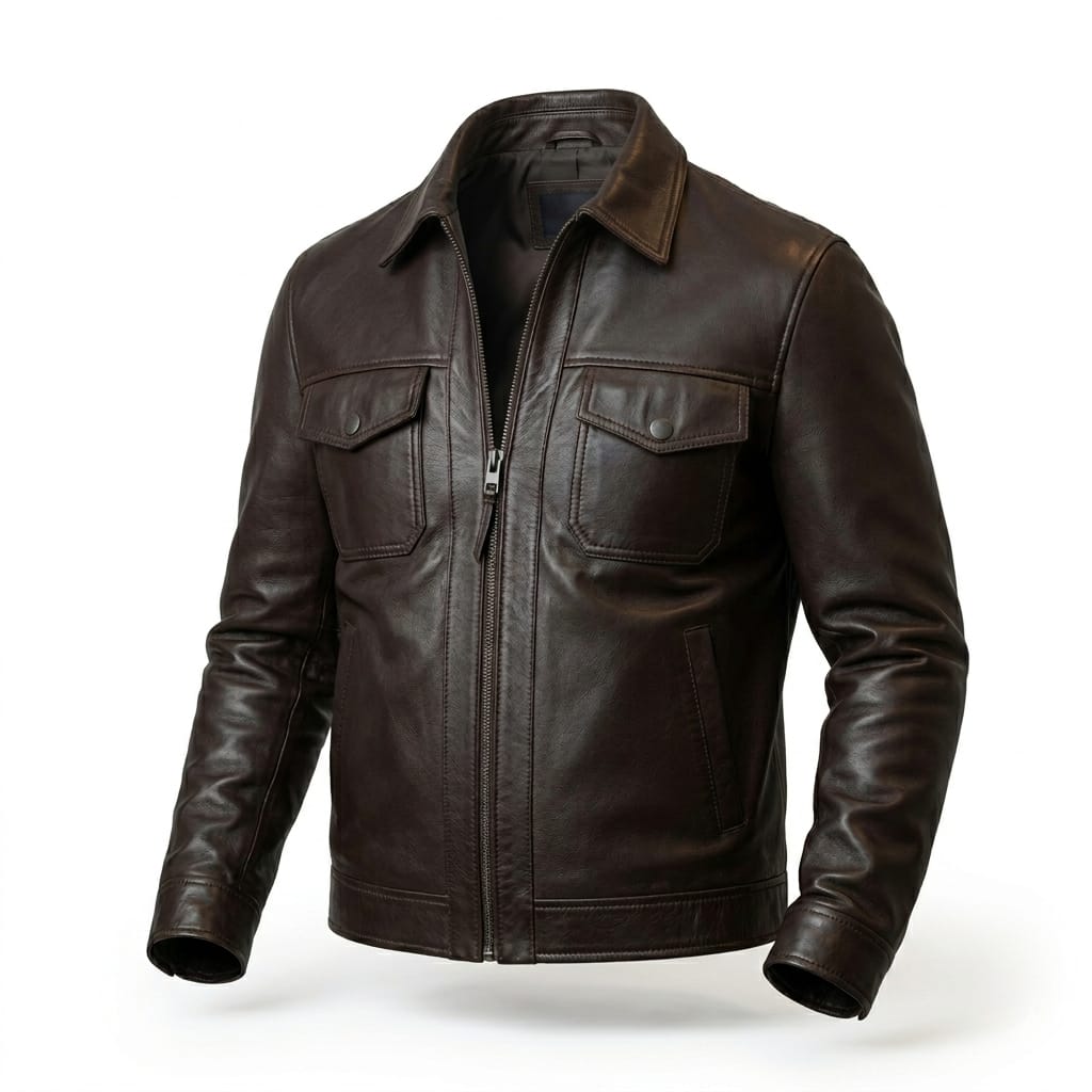 Men's Dark Brown Original Premium Lambskin Leather Trucker Jacket with Chest Pockets