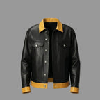 Men's Black & Yellow Two-Tone Lambskin Original Premium Leather Trucker Jacket
