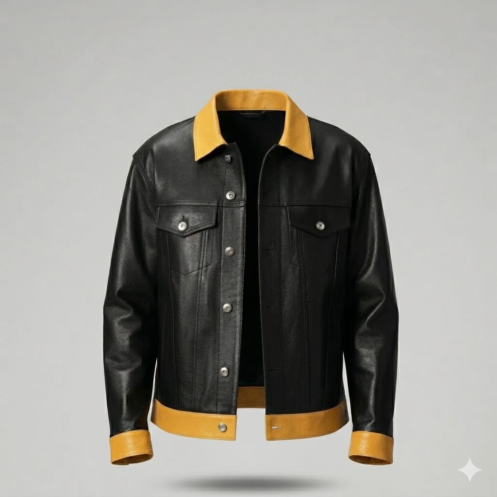 Men's Black & Yellow Two-Tone Lambskin Original Premium Leather Trucker Jacket