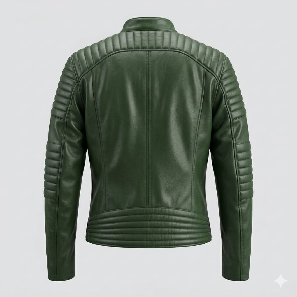 Men's Dark Green Lambskin Original Leather Racer Jacket with Ribbed Panels & Gold Hardware