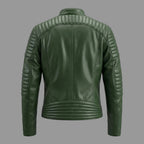 Men's Dark Green Lambskin Original Leather Racer Jacket with Ribbed Panels & Gold Hardware