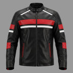 Men's Black Lambskin Premium Original Leather Motorsport Jacket with Red & White Panels