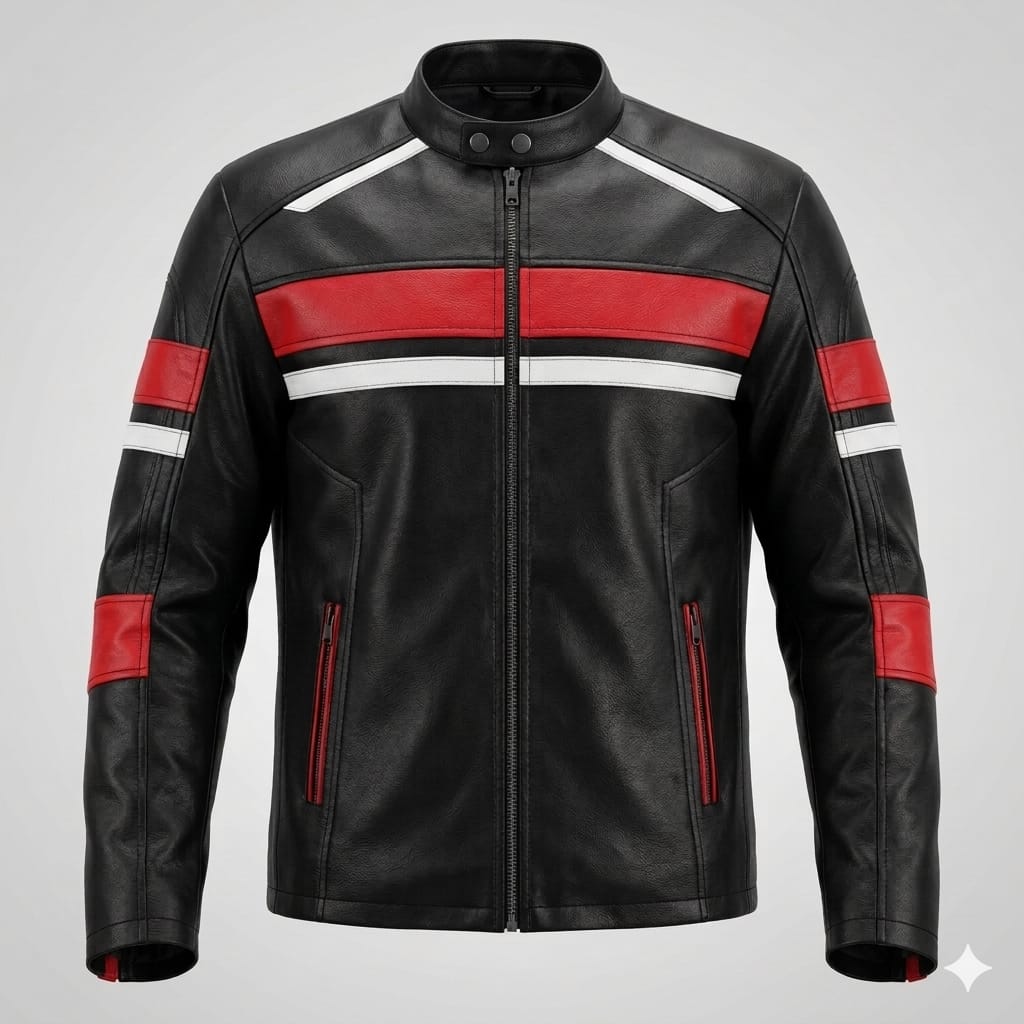 Men's Black Lambskin Premium Original Leather Motorsport Jacket with Red & White Panels