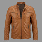 Men's Brown Lambskin Original Leather Biker Jacket with Dual Chest Zips
