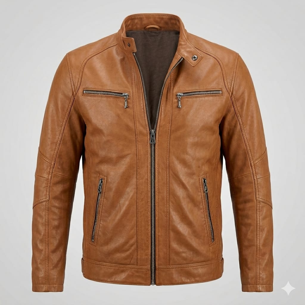 Men's Brown Lambskin Original Leather Biker Jacket with Dual Chest Zips