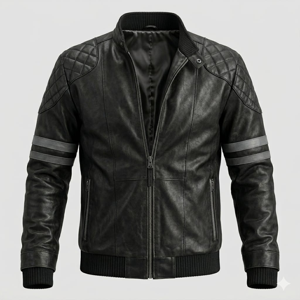 Men's Black Lambskin Original Leather Quilted Shoulder Jacket with Stripe Sleeves