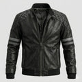 Men's Black Lambskin Original Leather Quilted Shoulder Jacket with Stripe Sleeves