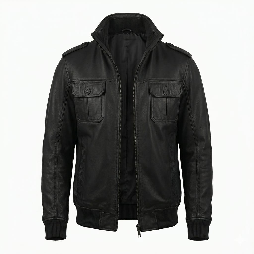 Men's Black Original Premium Lambskin Leather Military Bomber Jacket