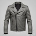 Men's Grey Lambskin Original Premium Leather Quilted Sleeve Biker Jacket