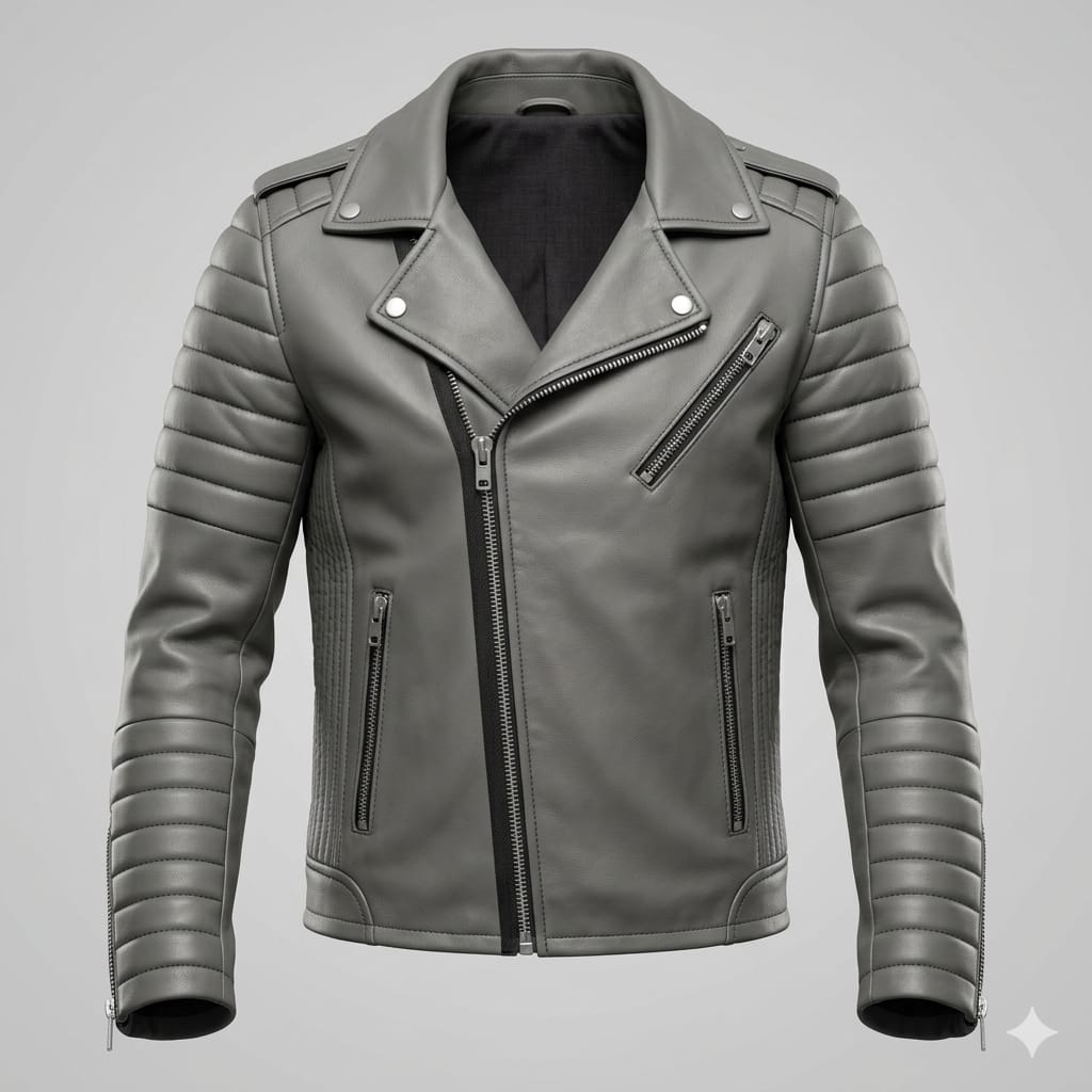 Men's Grey Lambskin Original Premium Leather Quilted Sleeve Biker Jacket