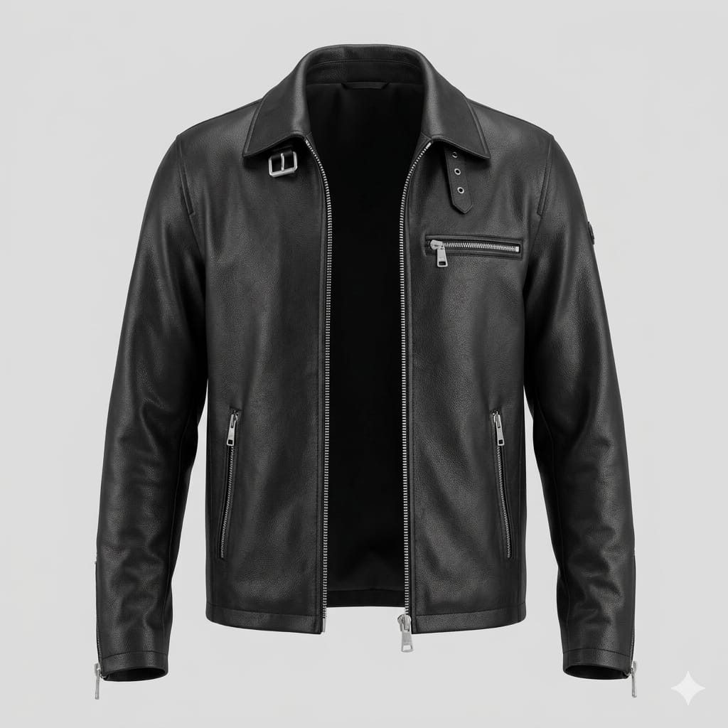 Men's Black Lambskin Original Leather Moto Jacket with Collar