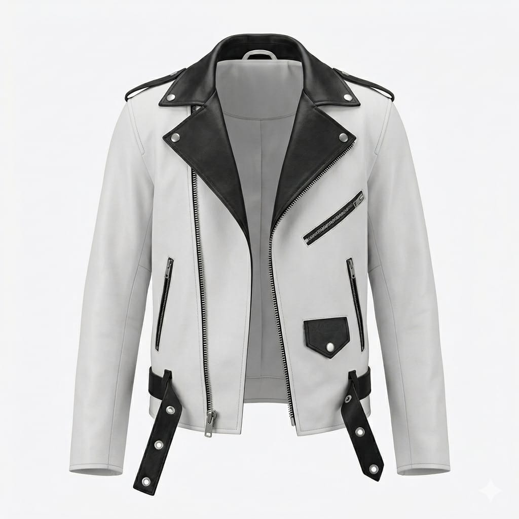 Men's White & Black Contrast Original Leather Biker Jacket