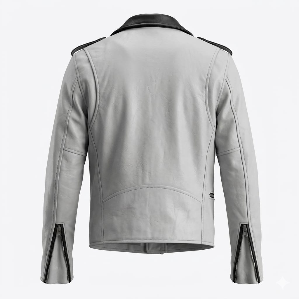 Men's White & Black Contrast Original Leather Biker Jacket