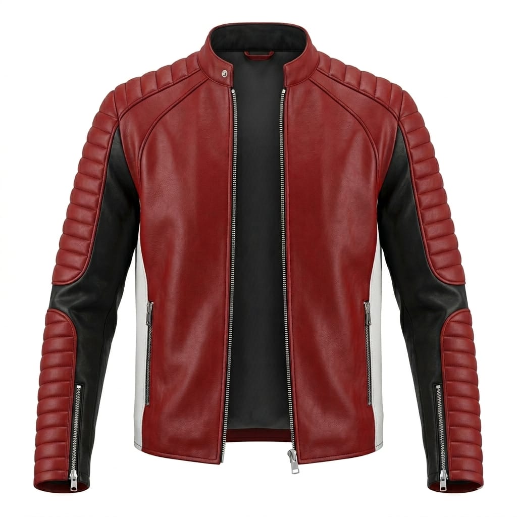 Men's Red, Black & White Colour-Block Original Premium Leather Biker Jacket