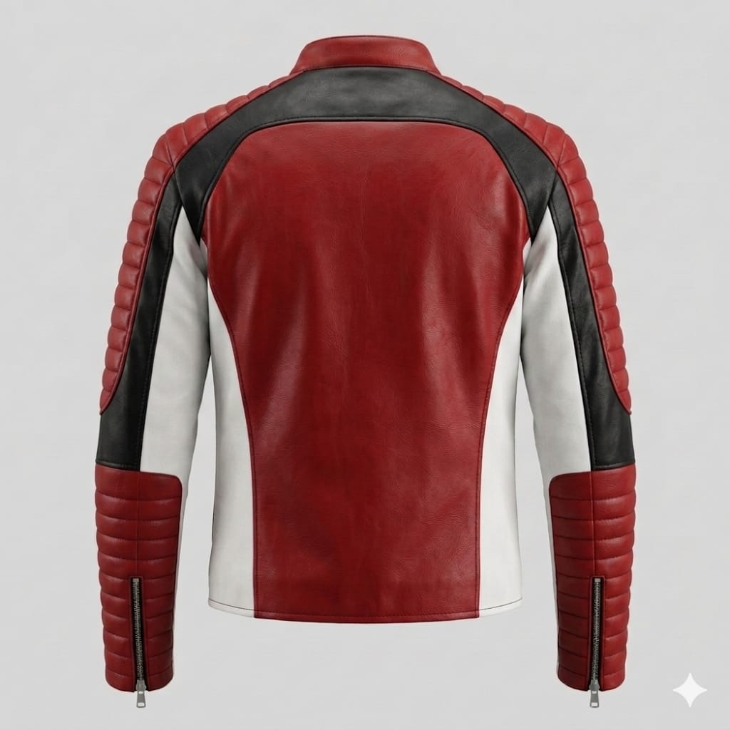 Men's Red, Black & White Colour-Block Original Premium Leather Biker Jacket