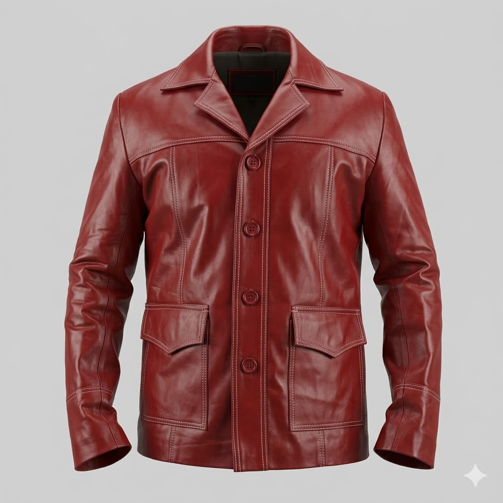 Men's Red Button-Front Premium Original Leather Jacket