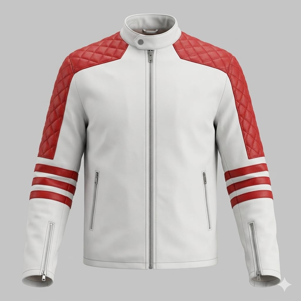 Men's White & Red Quilted Premium Original Leather Biker Jacket